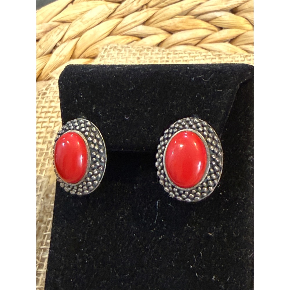 Sajen 925 Sterling Silver Red Cabochon Beaded Oval Stud Earrings Bali Style